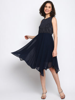 Blue No Sleeve Solid High Low Dress