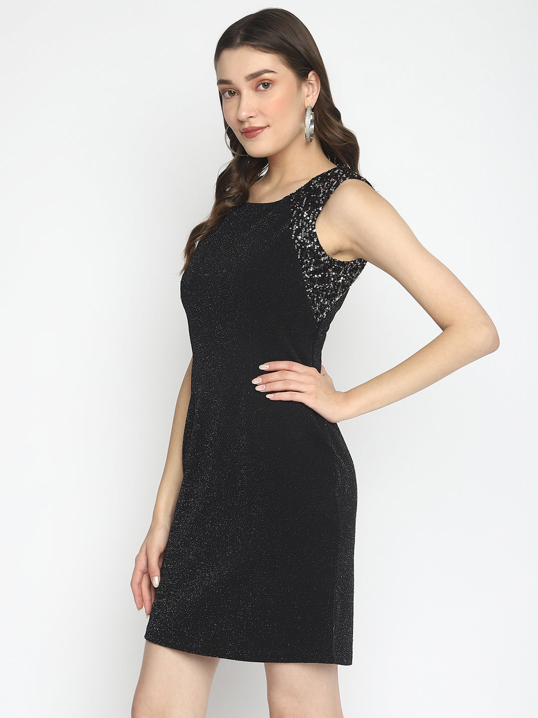 Black Sleeveless Solid Midi Dress With Sequin