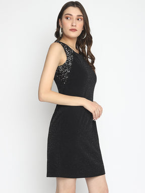 Black Sleeveless Solid Midi Dress With Sequin