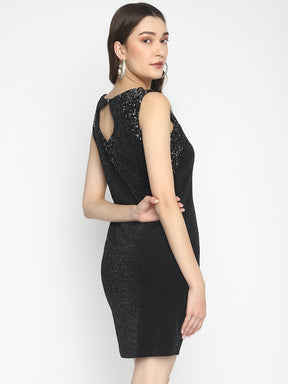 Black Sleeveless Solid Midi Dress With Sequin