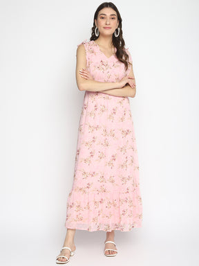 Pink Cap Sleeve Printed Maxi Dress With Ruffles