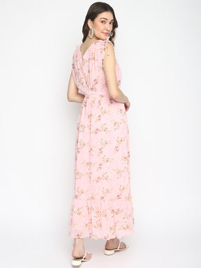 Pink Cap Sleeve Printed Maxi Dress With Ruffles