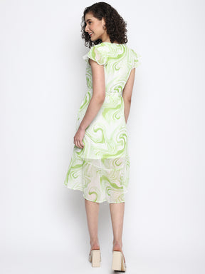 Green Cap Sleeve Printed High Low Dress