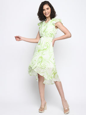 Green Cap Sleeve Printed High Low Dress