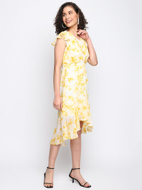 Yellow Cap Sleeve Printed High Low Dress