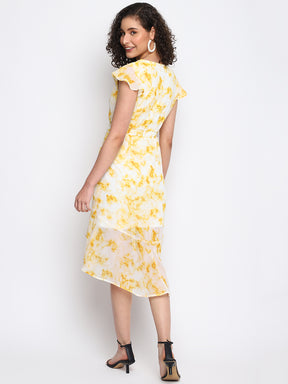 Yellow Cap Sleeve Printed High Low Dress