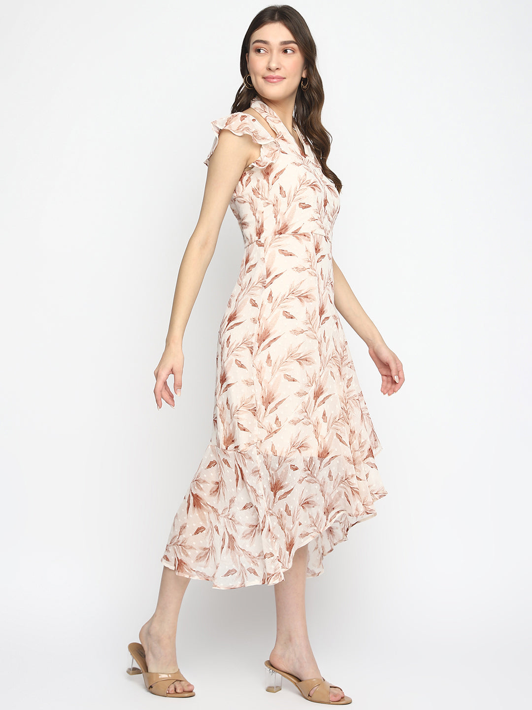Beige Cap Sleeve Printed Maxi Dress With Ruffles