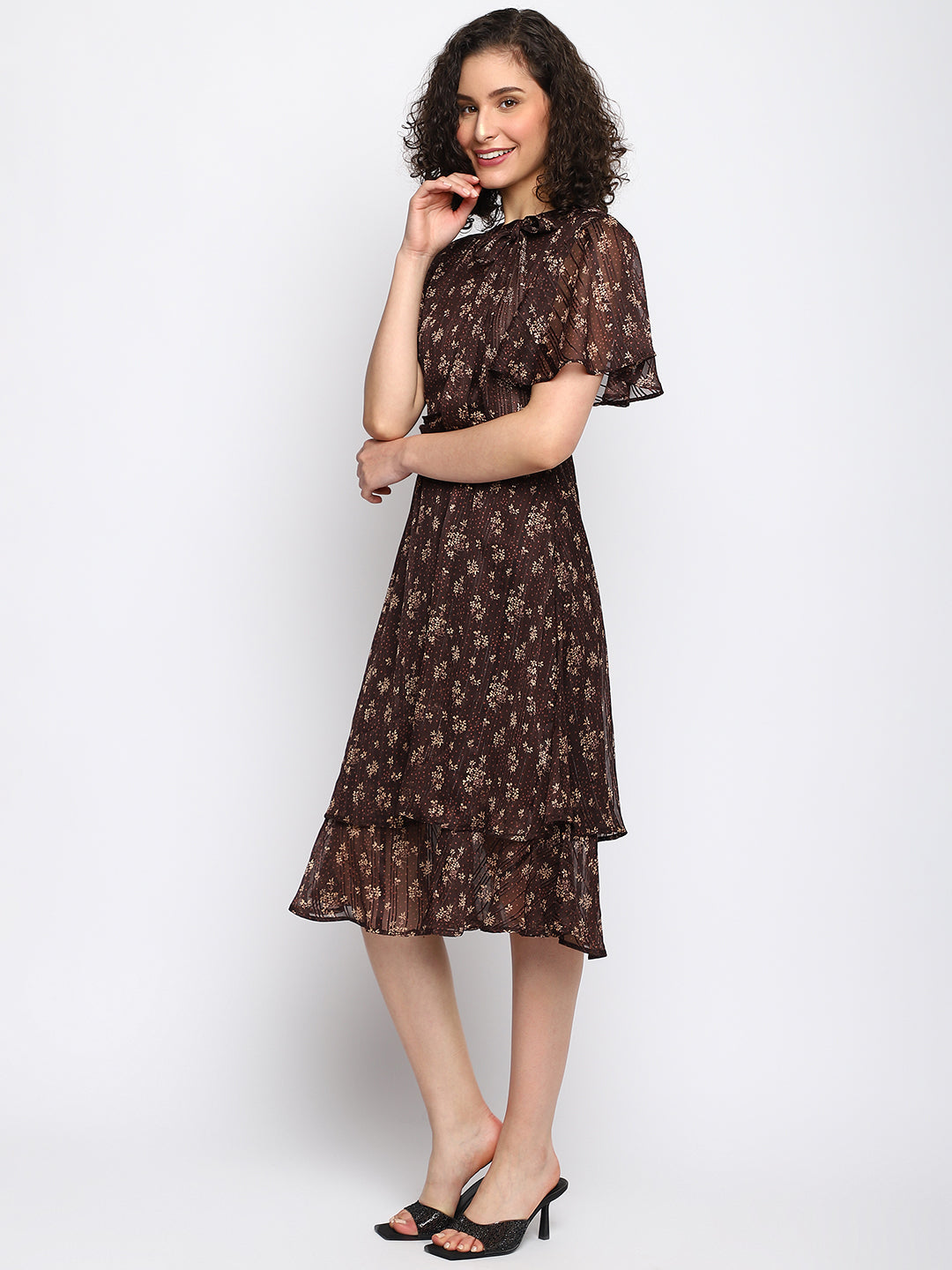 Brown Half Sleeve Printed A-Line Dress