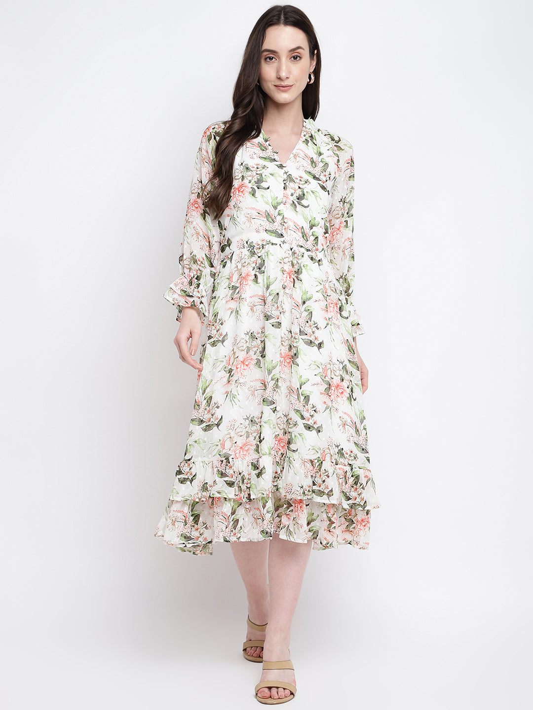 Ivory 3/4 Sleeves Printed Maxi Dress