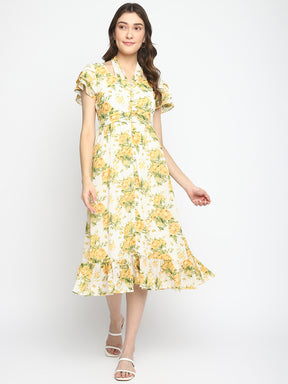 Yellow Half Sleeve Printed Maxi Dress With Belt