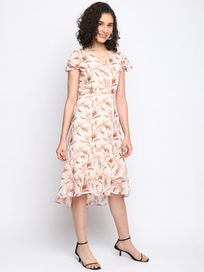 Beige Cap Sleeve Printed A-Line Dress