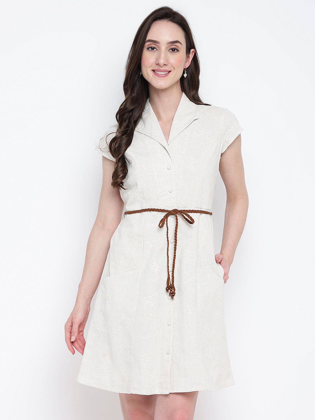 Beige Cap Sleeve Solid A-Line Dress