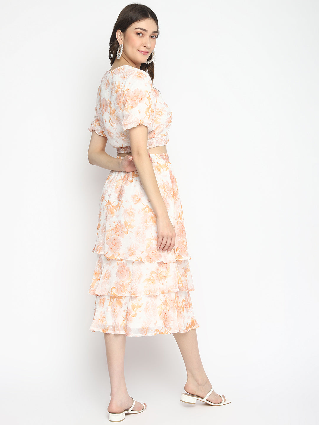 Orange Floral Printed V-Neck With Peasant Sleeves Layered Fit & Flare Dress