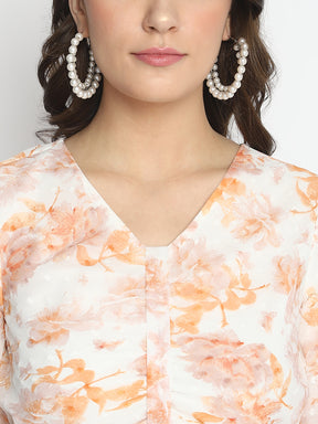 Orange Floral Printed V-Neck With Peasant Sleeves Layered Fit & Flare Dress