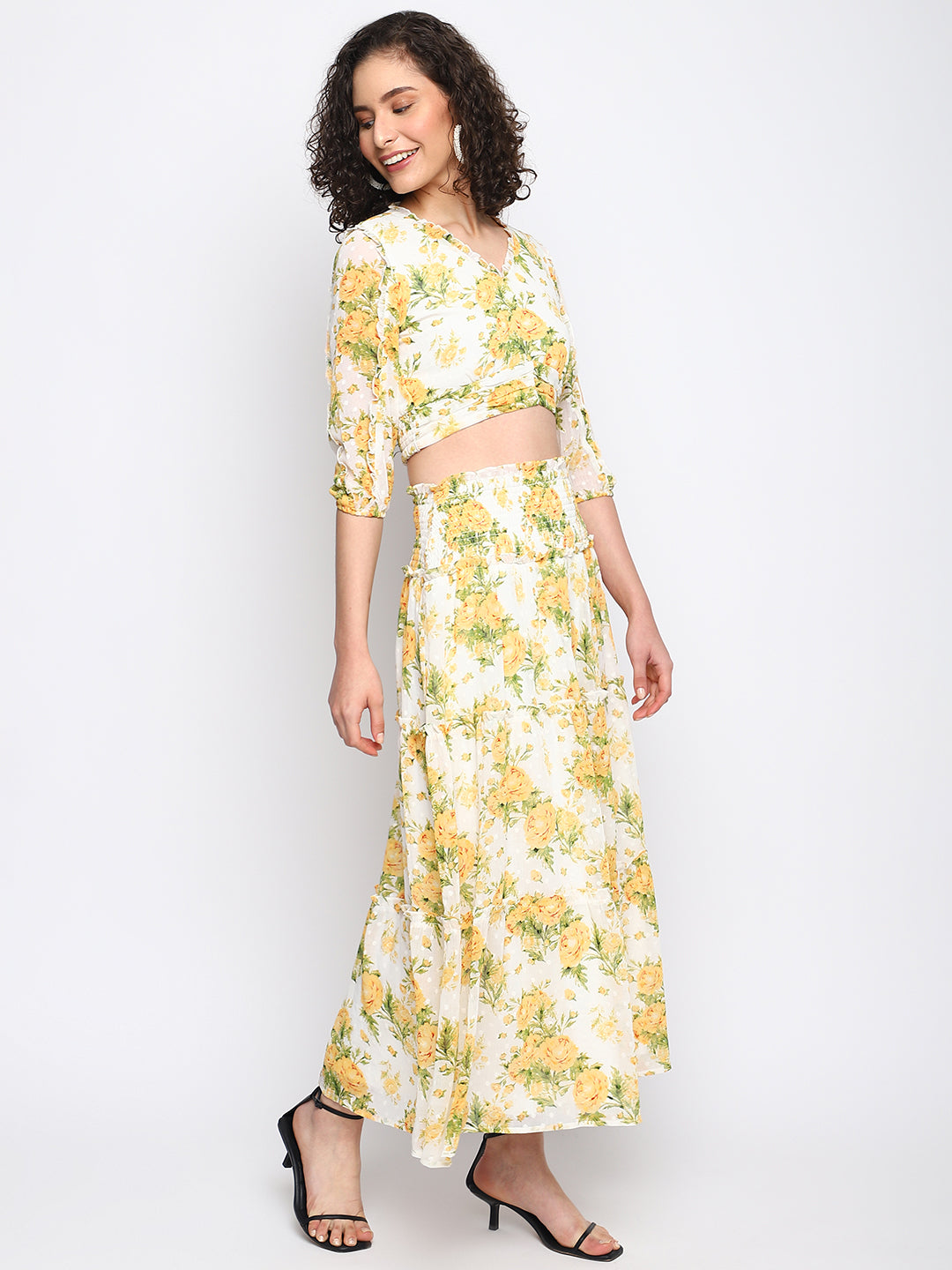 Yellow 3/4 Sleeve Printed Cordset Dress