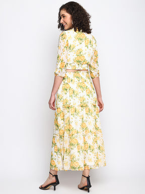 Yellow 3/4 Sleeve Printed Cordset Dress