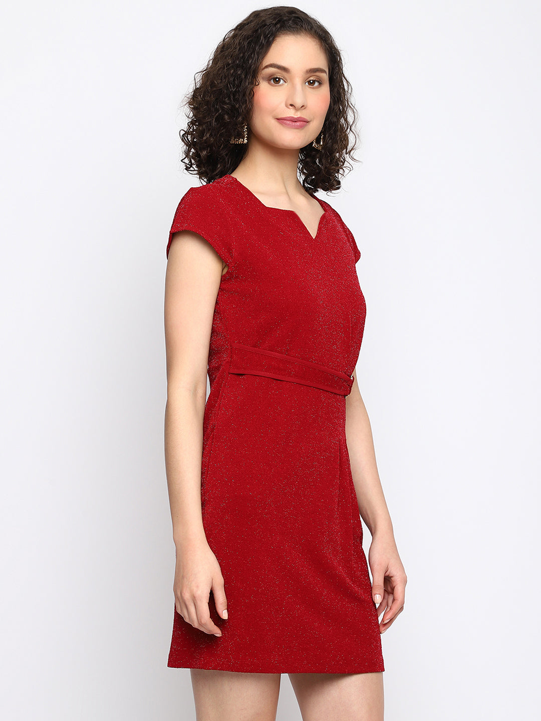 Maroon Cap Sleeve Solid A-Line Dress