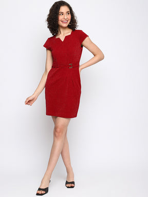Maroon Cap Sleeve Solid A-Line Dress