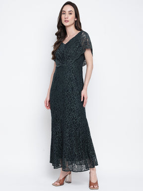 Green Half Sleeve Solid Maxi Dress