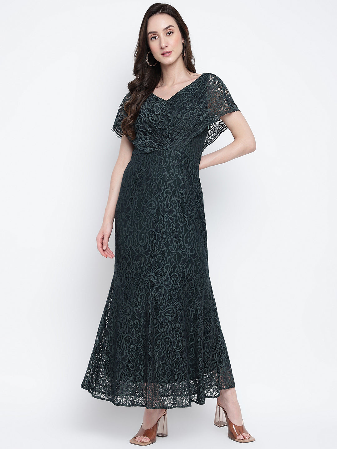 Green Half Sleeve Solid Maxi Dress