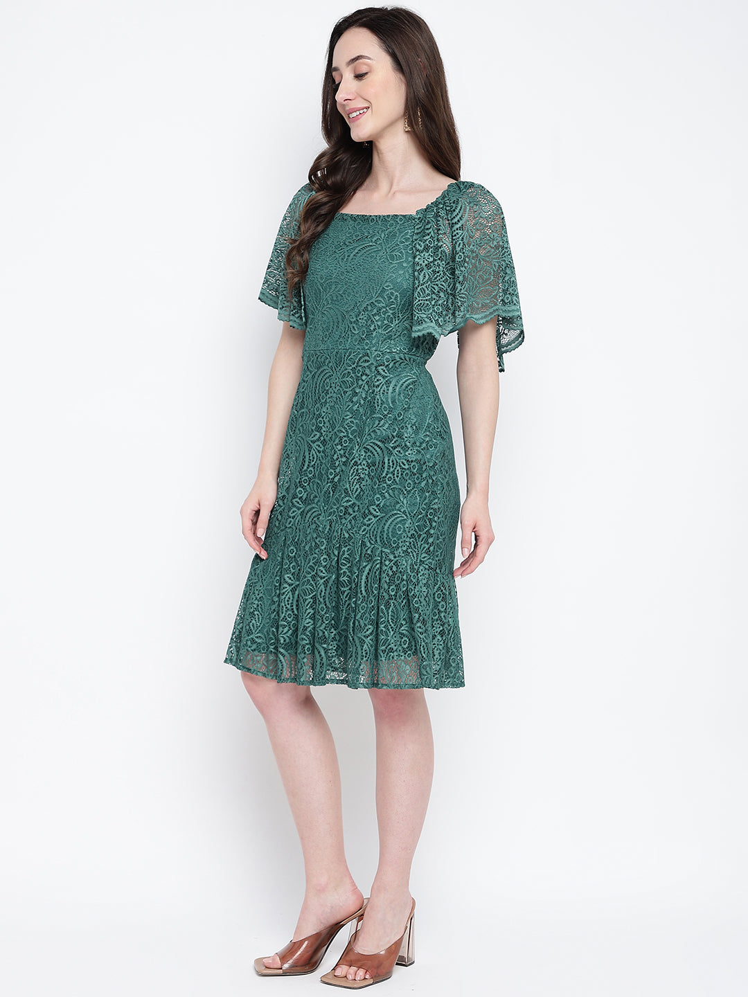 Green Half Sleeve Solid Strapless Dress