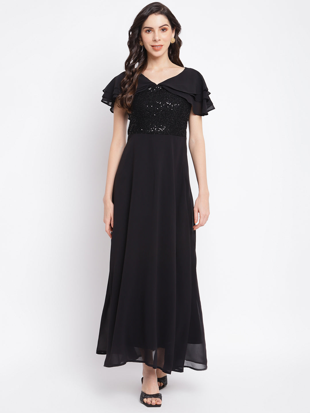 Black Half Sleeve Solid Maxi Sequin Dress