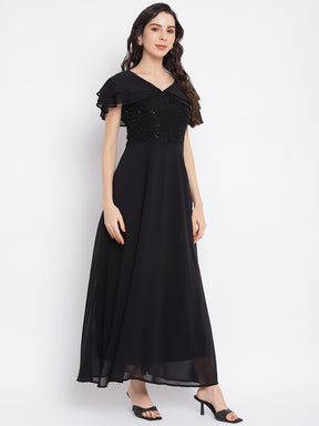 Black Half Sleeve Solid Maxi Sequin Dress