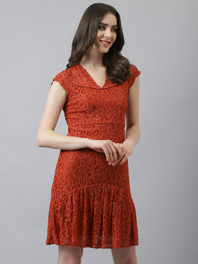 Rust Self Design Lace Cap Sleeve Dress With Ruffles