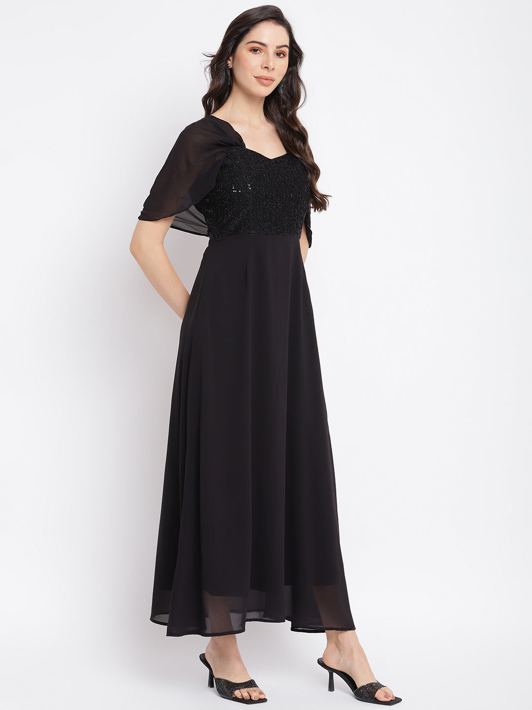 Black Half Sleeves Solid Maxi Dress