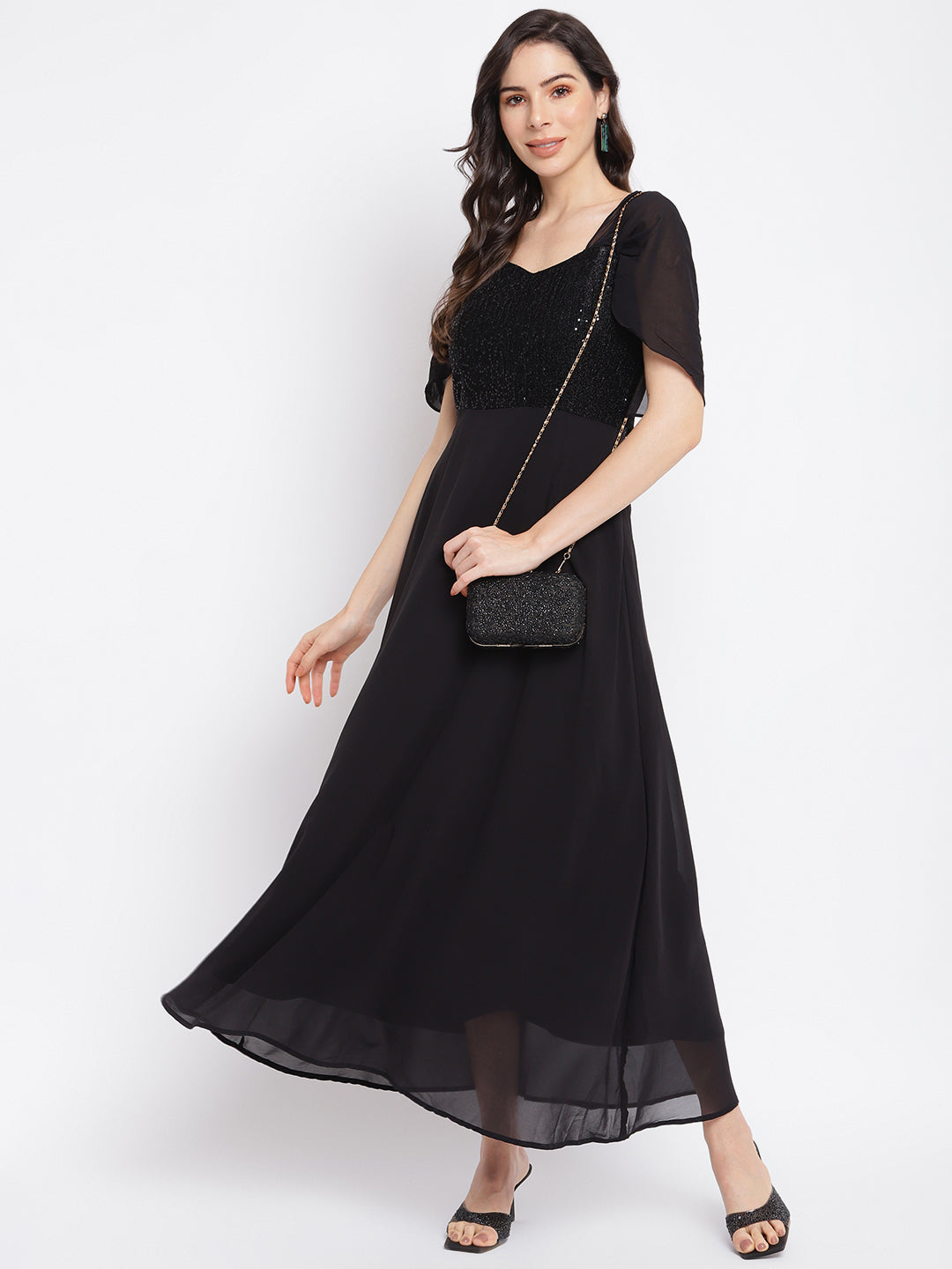 half sleeve long dress Wrap Neck Half Sleeve Waist Tie Printed Maxi Dress