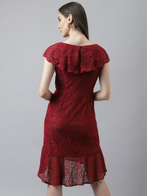 Wine Lace Dress With Cap Sleeves & Ruffle Design
