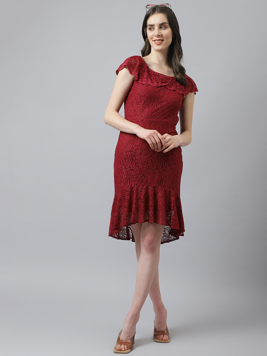 Wine Lace Dress With Cap Sleeves & Ruffle Design