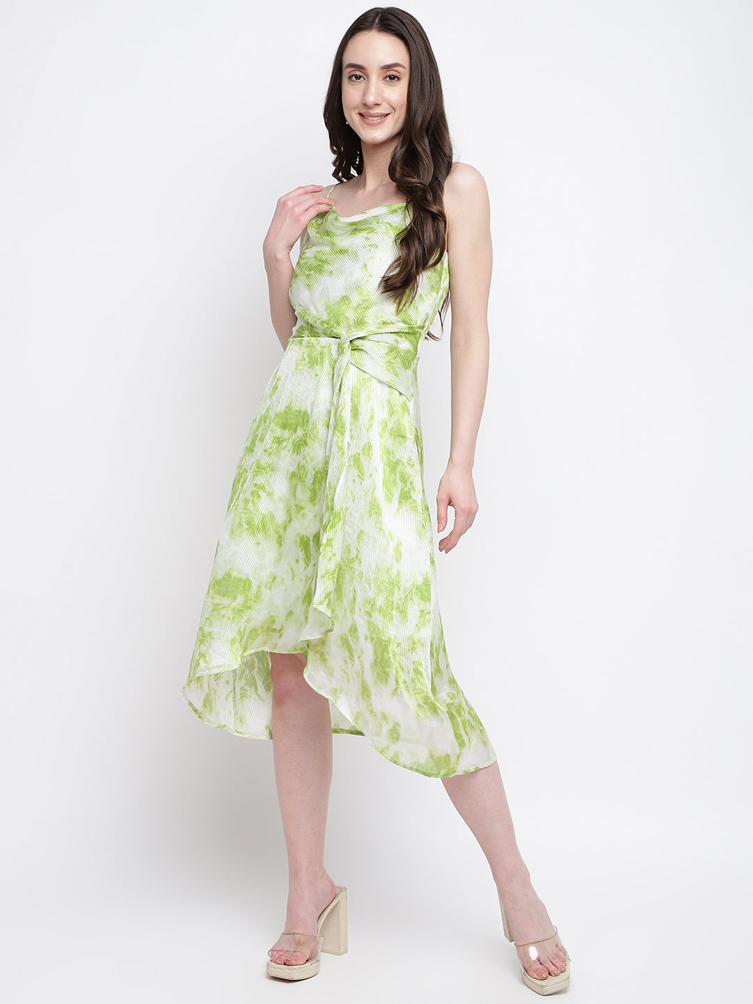 Green No Sleeve Printed High Low Dress