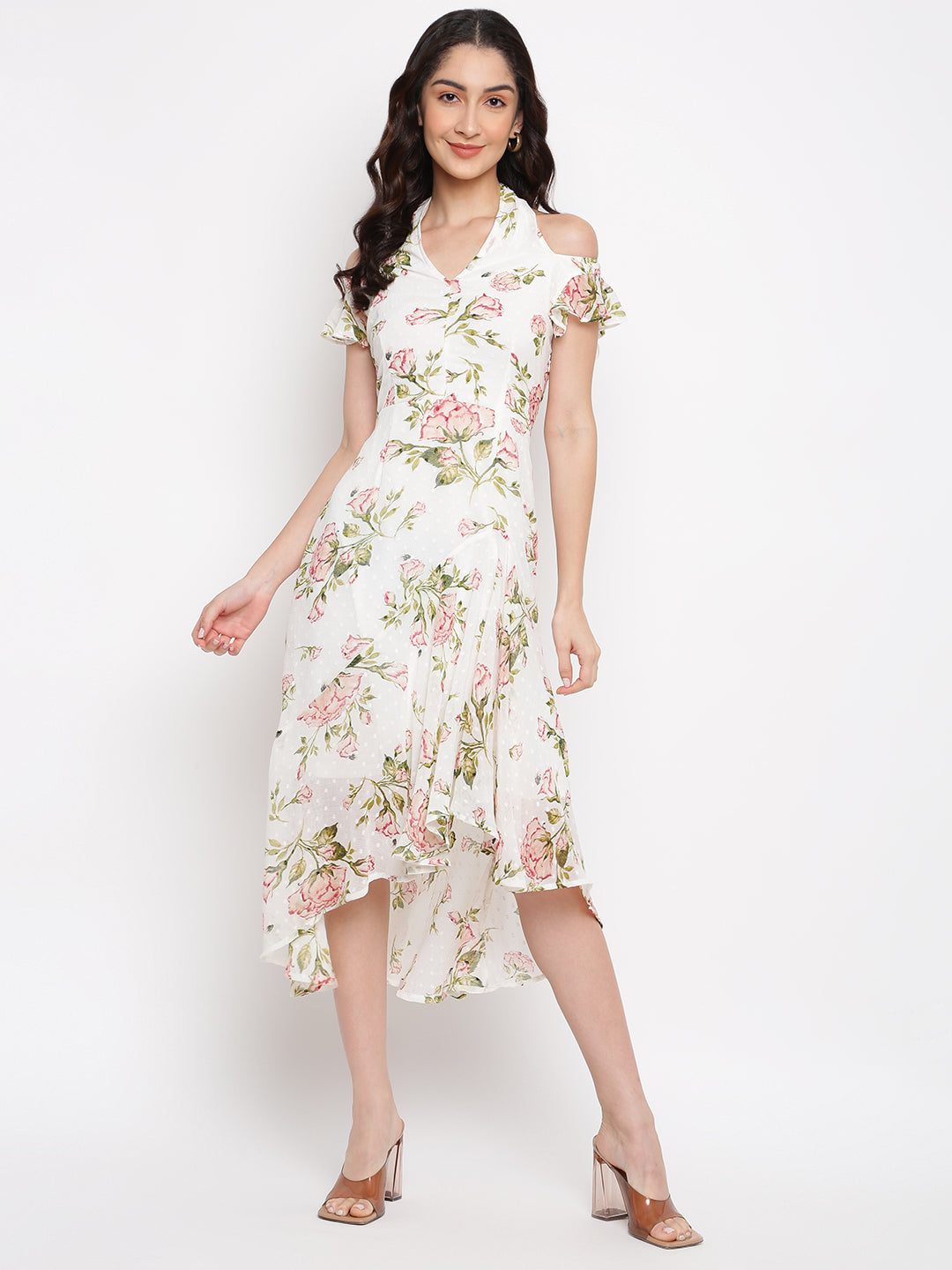 Ivory Floral Printed V-Neck With Cap Sleeves Asymmetric Dress