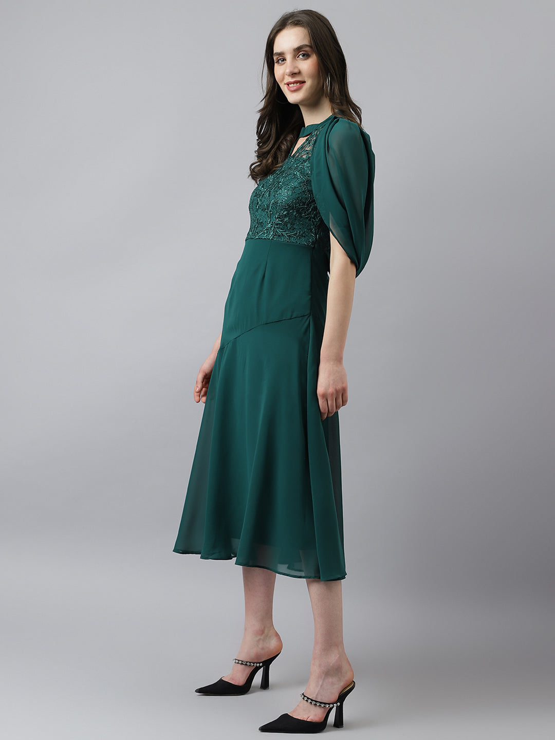 Green A-Line Lace Designer Dress With Cape Sleeves