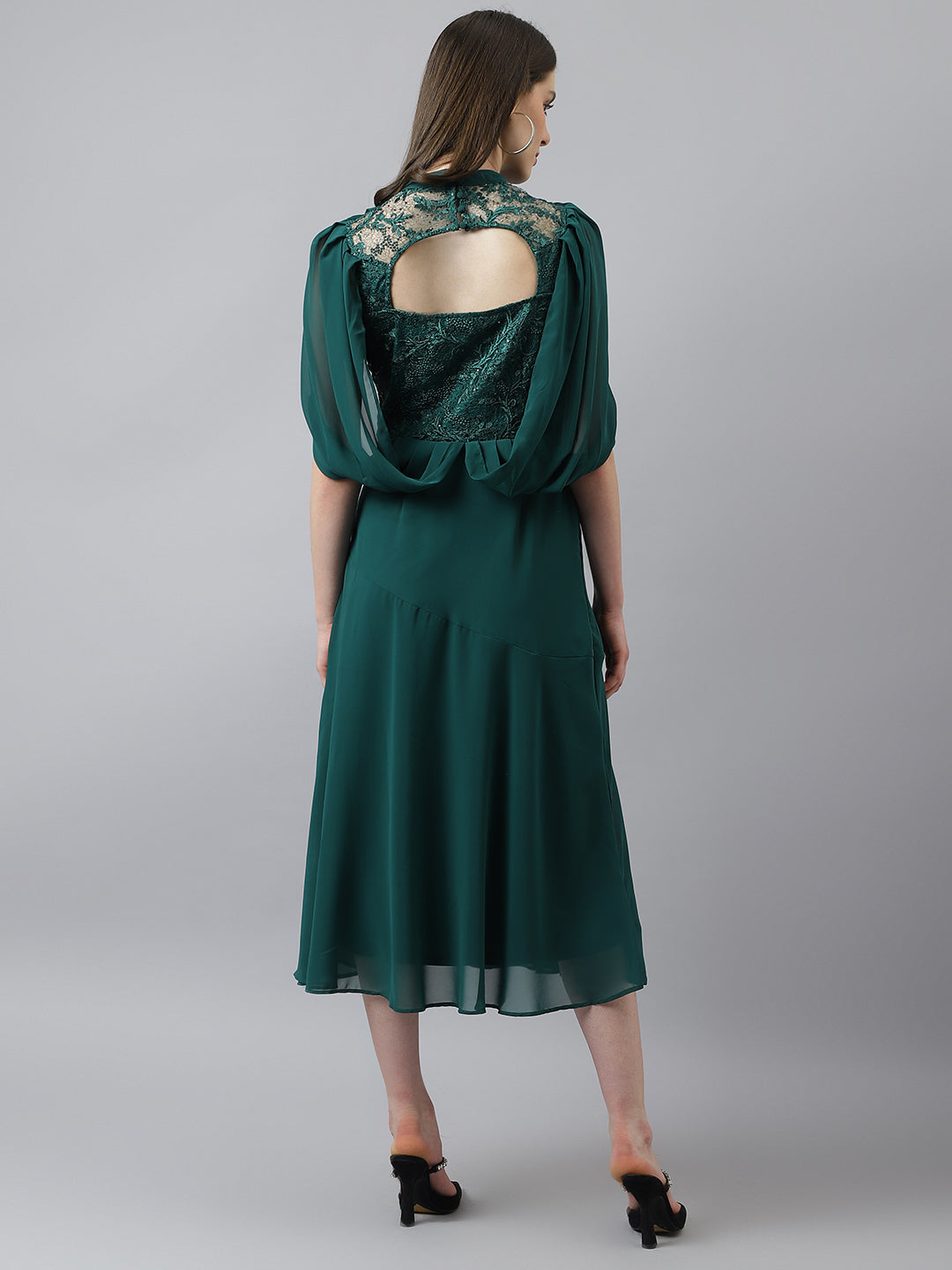 Green A-Line Lace Designer Dress With Cape Sleeves
