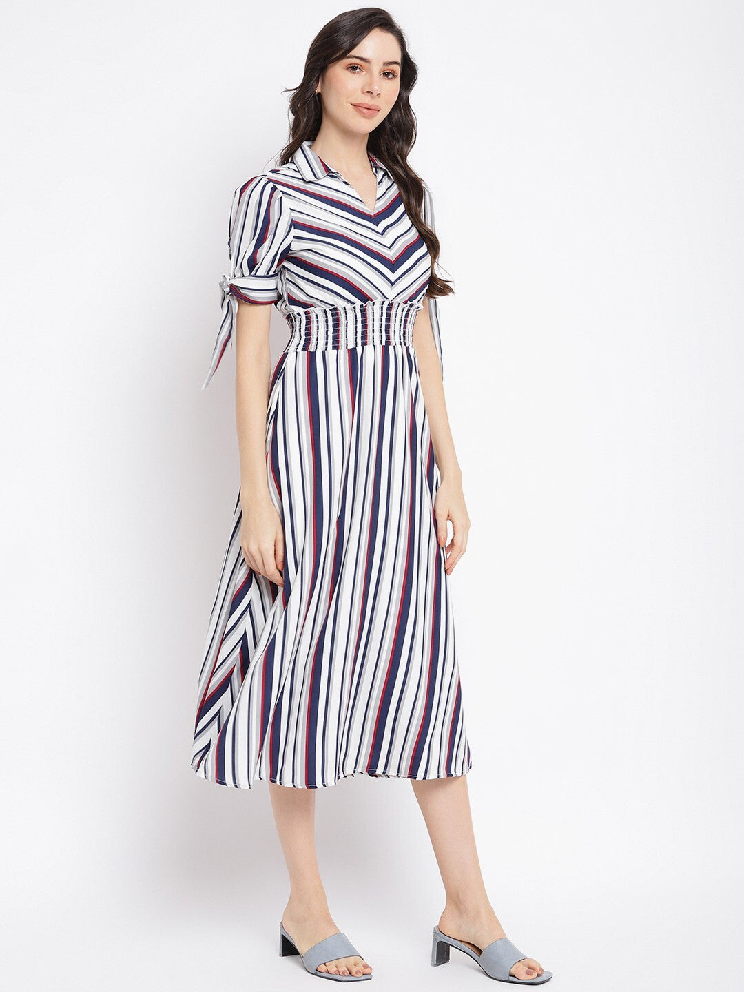 Blue Half Sleeve Striped Maxi Dress