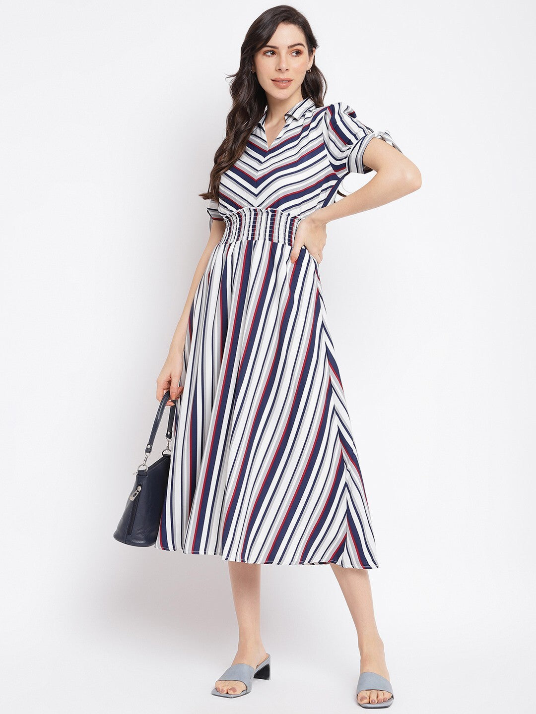 Blue Half Sleeve Striped Maxi Dress