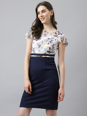 Blue Sheath Dress With Cap Sleeve & Self Belt Designs