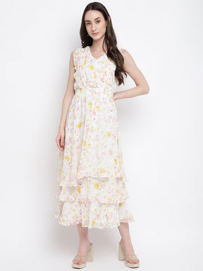 Ivory Cap Sleeve Floral Print Maxi Dress