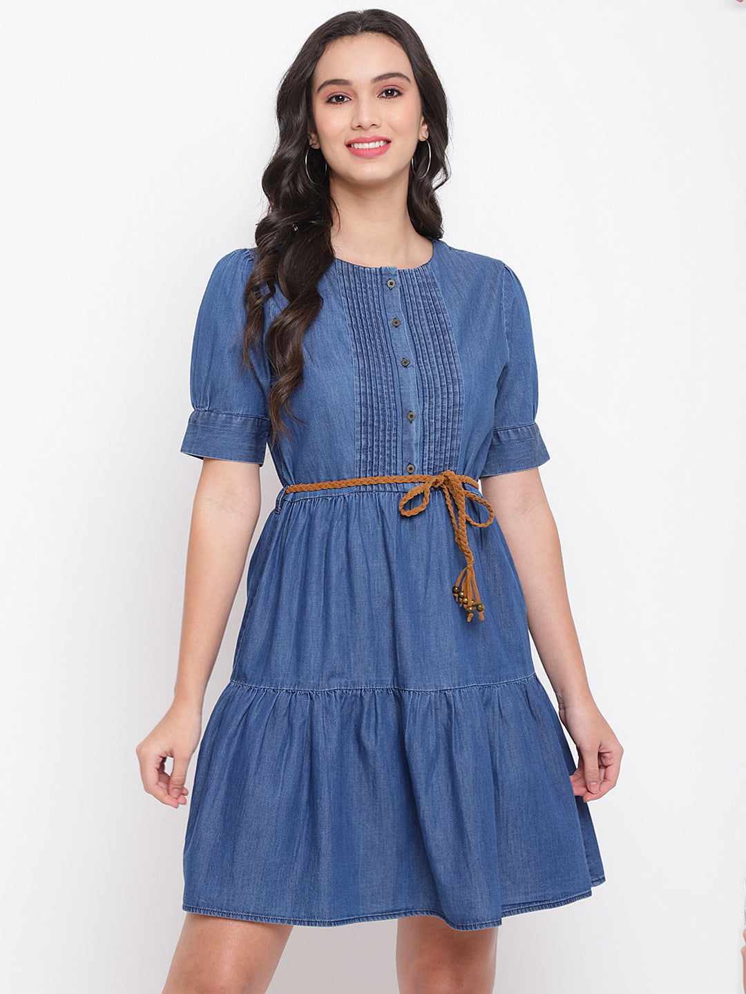 Blue Half Sleeve Solid A-Line Dress