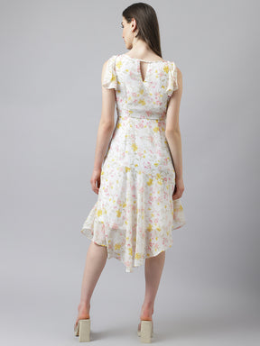 Ivory Floral Printed A-Line Dress With Cap Sleeves