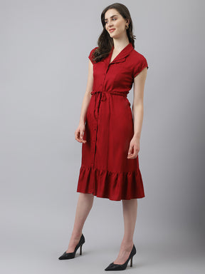 Maroon Shirt Dress With Self Belt & Buttons