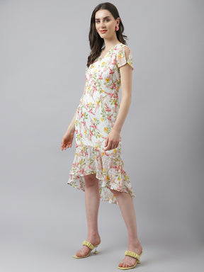 Red Flower Print High Low Dress With Cap Sleeves