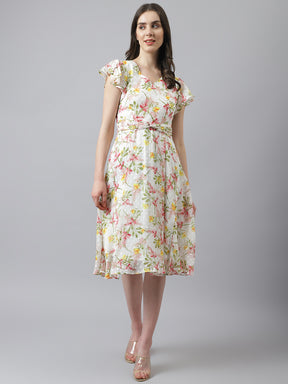 Red Floral Print A-Line Dress With Cap Sleeves & Belt Design