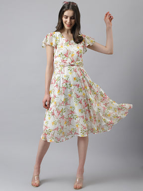 Red Floral Print A-Line Dress With Cap Sleeves & Belt Design