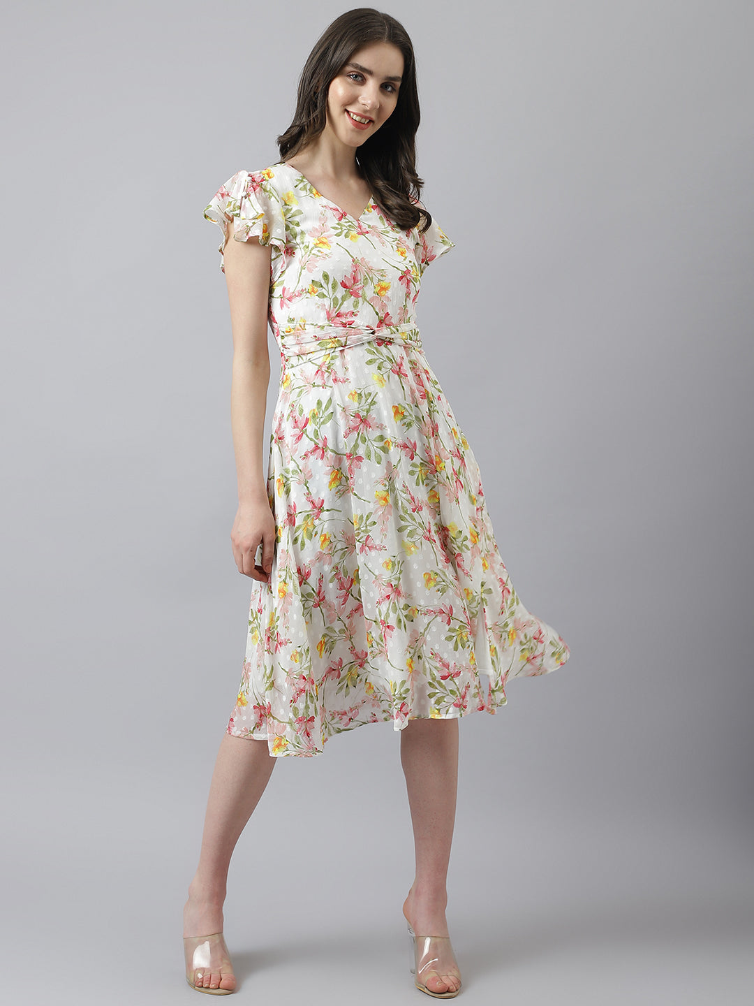 Red Floral Print A-Line Dress With Cap Sleeves with Belt Design