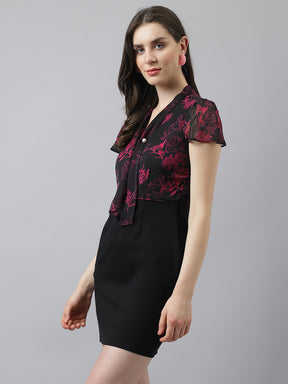 Black Sheath Dress With Puffer Sleeves & Knotted Neck