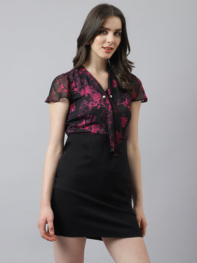 Black Sheath Dress With Puffer Sleeves & Knotted Neck