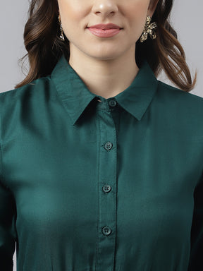 Green Solid Coller Neck With Roll On Sleeves Shirt Dress With Belt